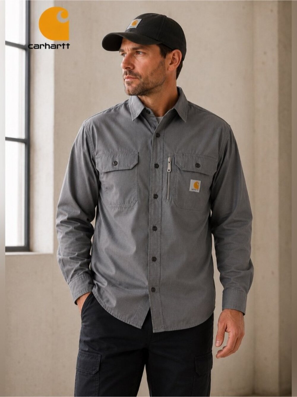 Carhartt Rugged Flex Work Shirt Gray Ripstop Button Front Men’s Large LS Regular